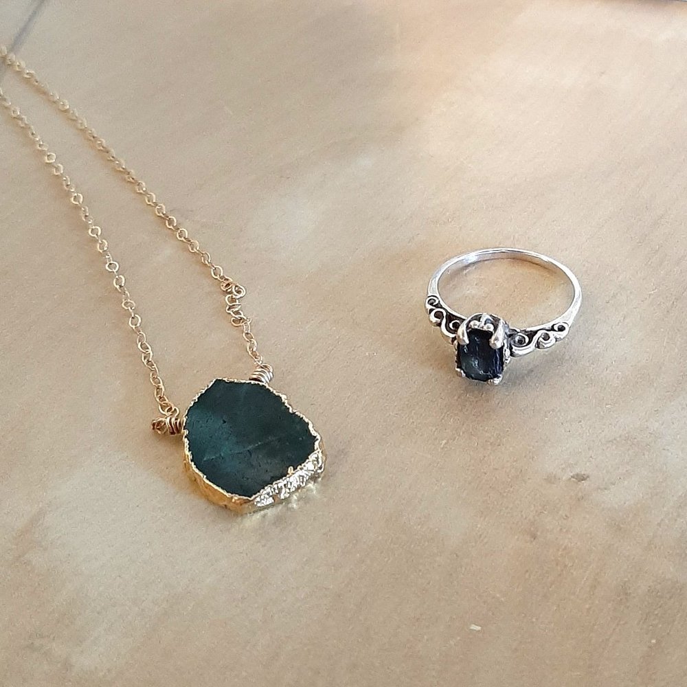 Jewelry Lot - Raw Sapphire Sterling Silver Ring and Emerald Gold Necklace